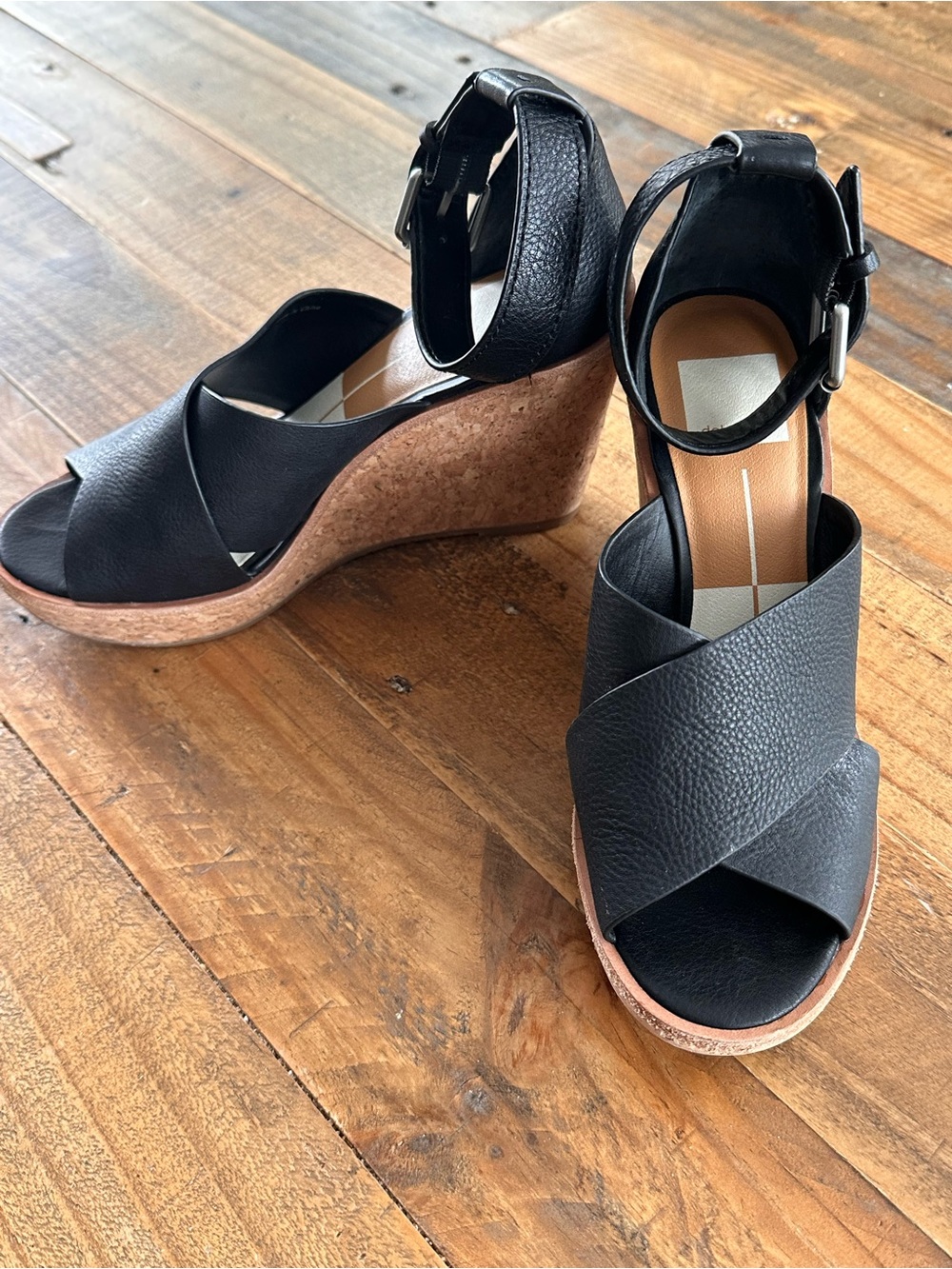 Dolce Vita Black Leather Crisscross Cork Wedges